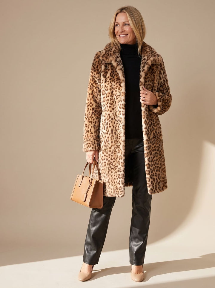 Women's Leopard Print Faux Fur Winter Coat - Khaki