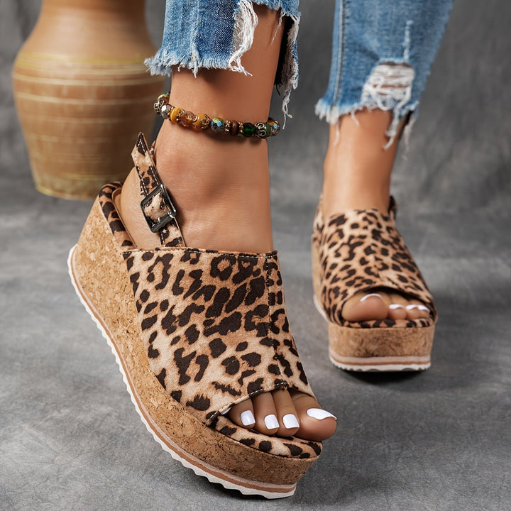Women's Leopard Print Platform Wedge Comfortable Sandals Buckle Strap