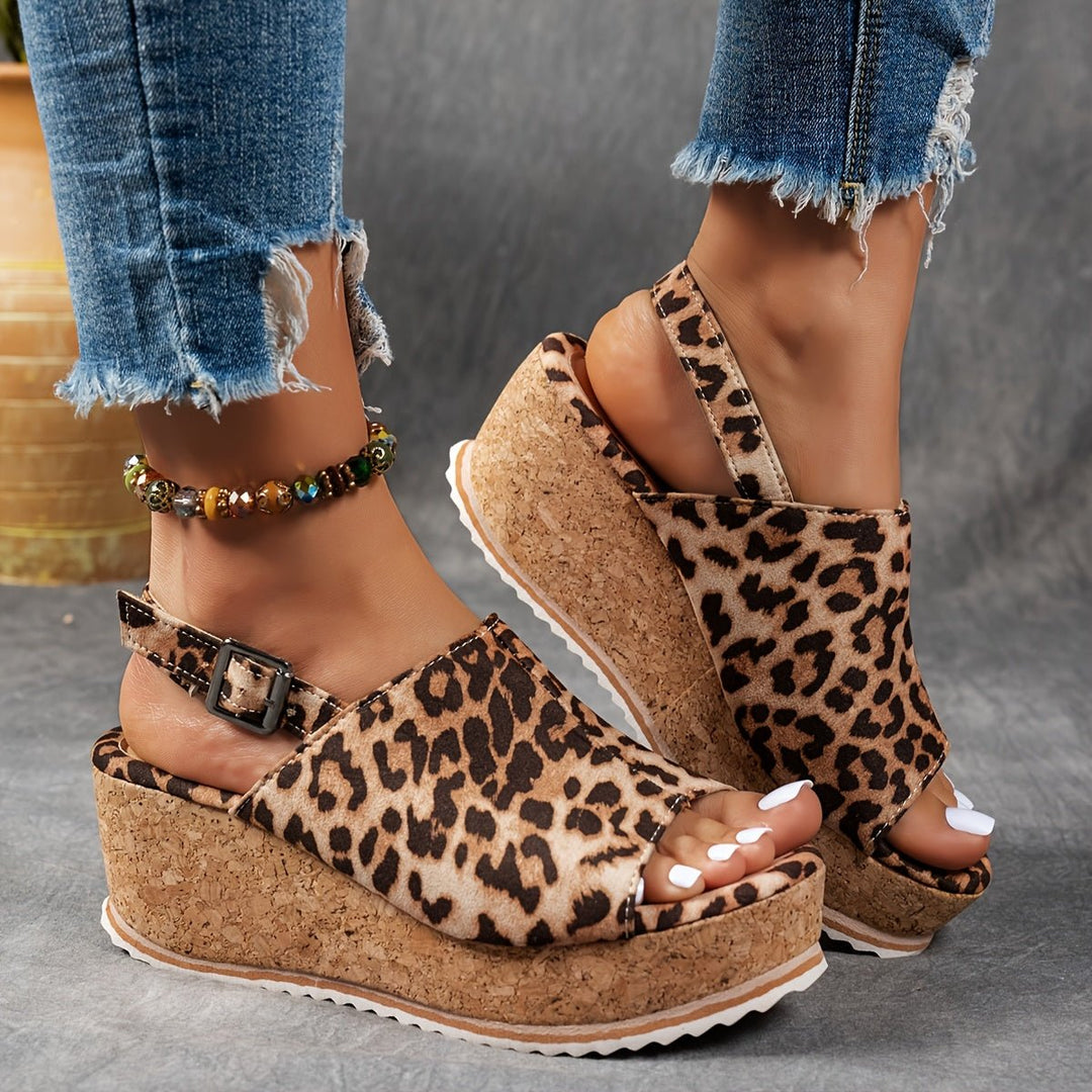 Women's Leopard Print Platform Wedge Comfortable Sandals Buckle Strap - Brown Leopard