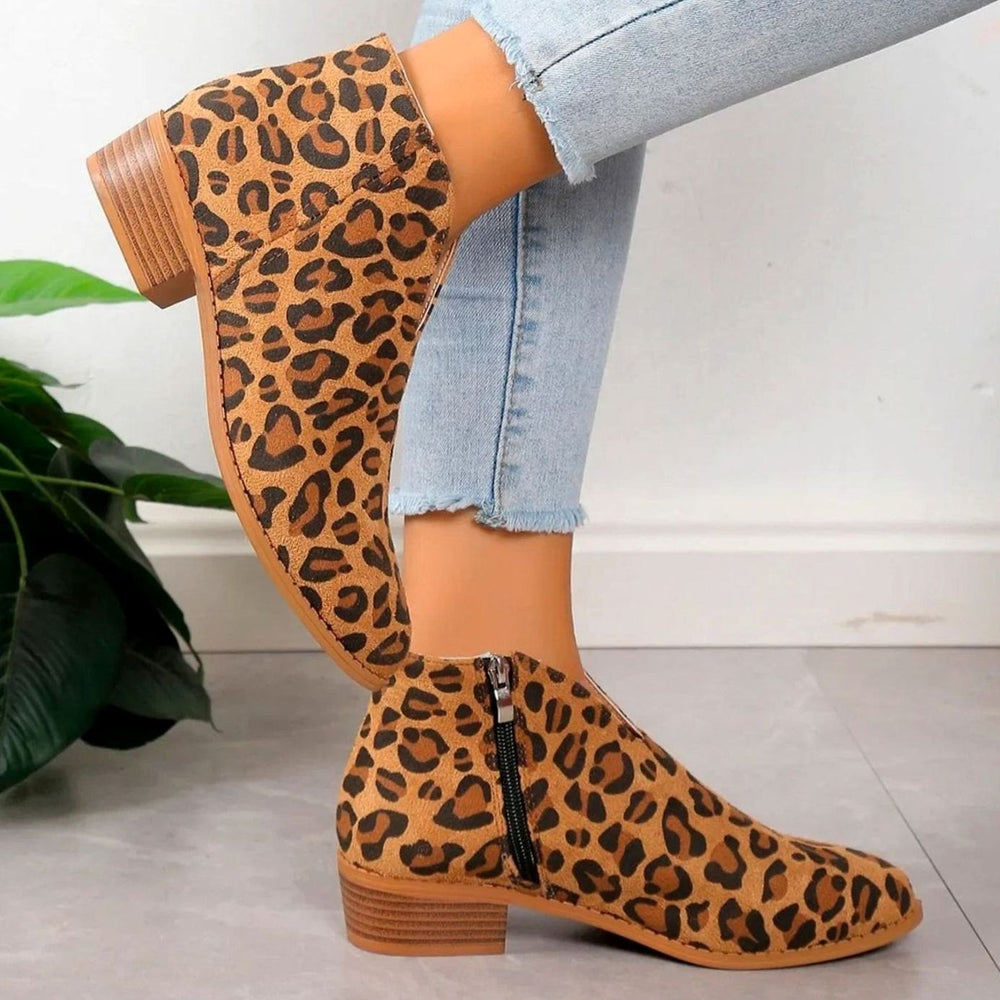 Women's Leopard Print Side-Zip Block-Heel Ankle Boots