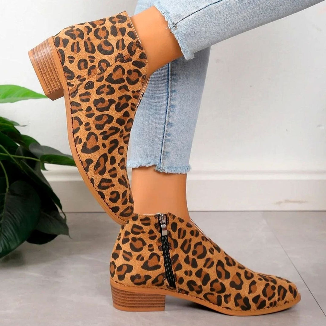 Women's Leopard Print Side-Zip Block-Heel Ankle Boots