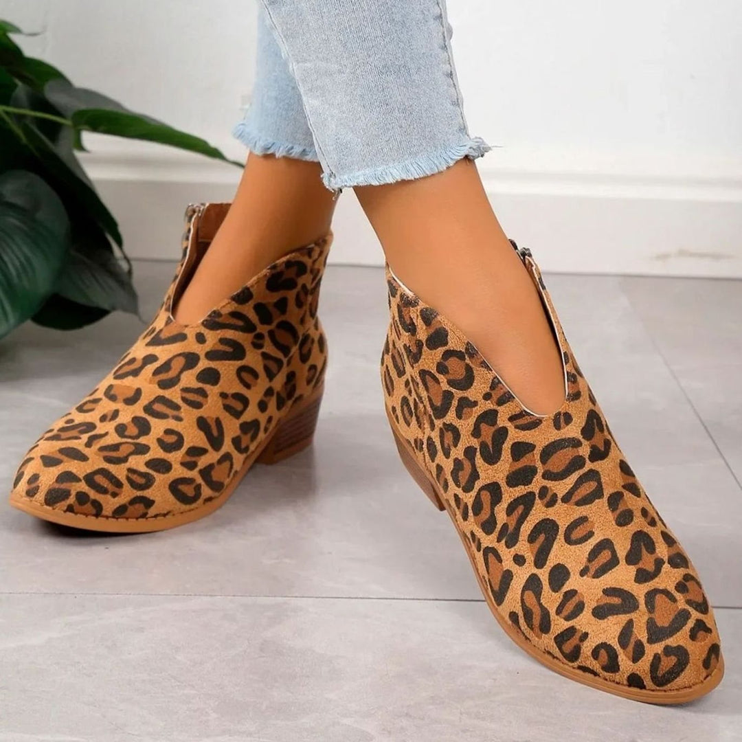 Women's Leopard Print Side-Zip Block-Heel Ankle Boots