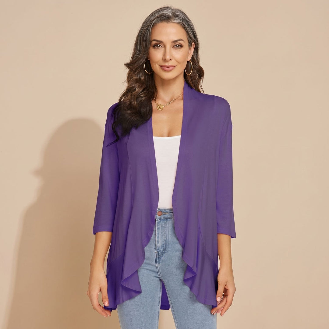 Women's Lightweight Open-Front 3/4 Sleeve Cardigan - Purple