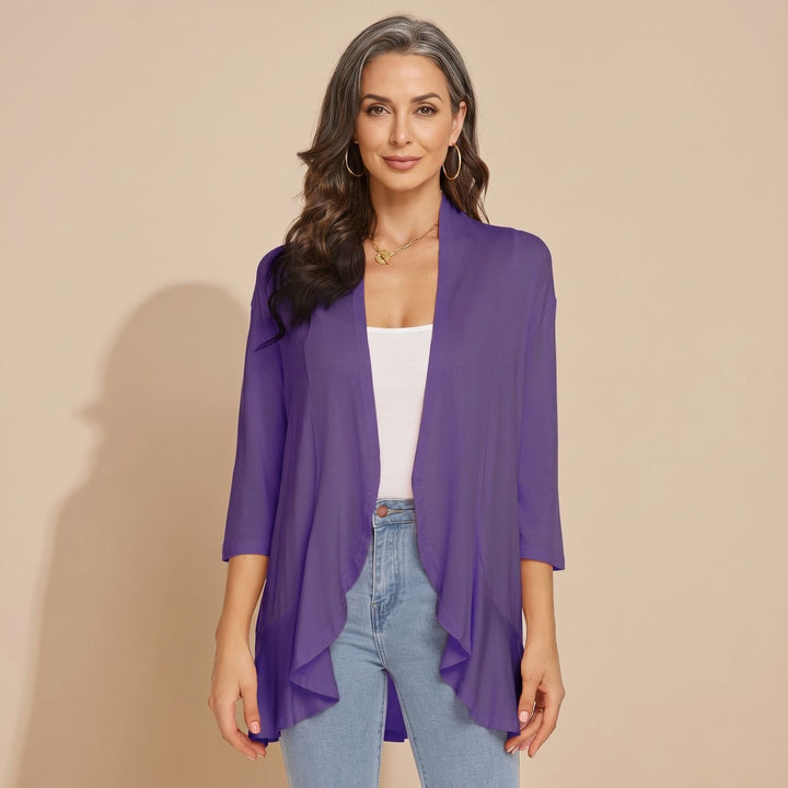 Women's Lightweight Open-Front 3/4 Sleeve Cardigan - Purple