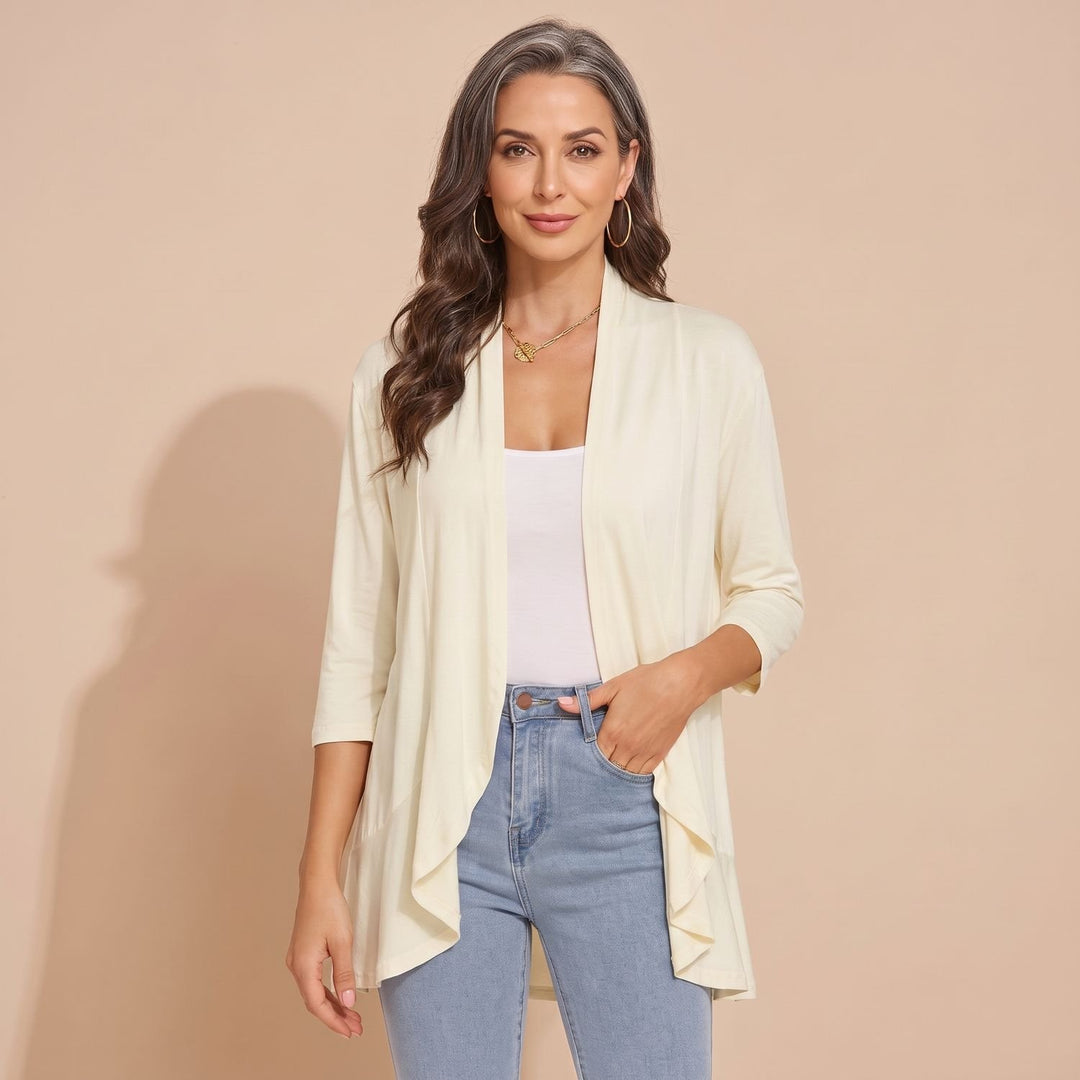 Women's Lightweight Open-Front 3/4 Sleeve Cardigan - White Beige