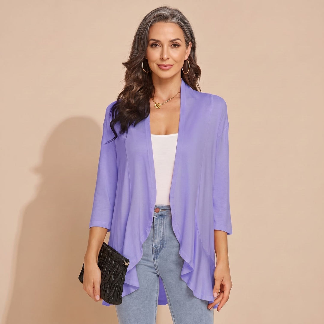 Women's Lightweight Open-Front 3/4 Sleeve Cardigan - Light Purple
