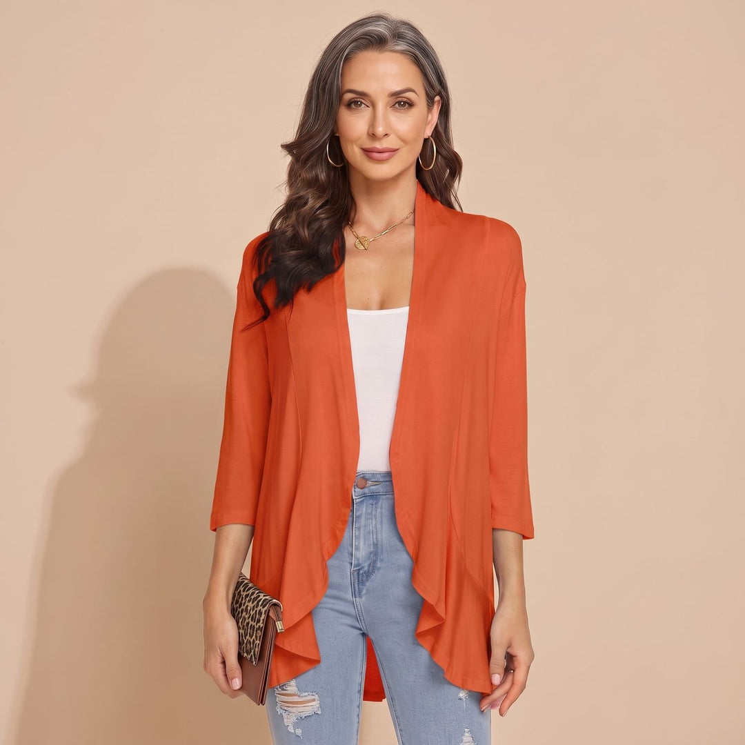 Women's Lightweight Open-Front 3/4 Sleeve Cardigan - Orange Red