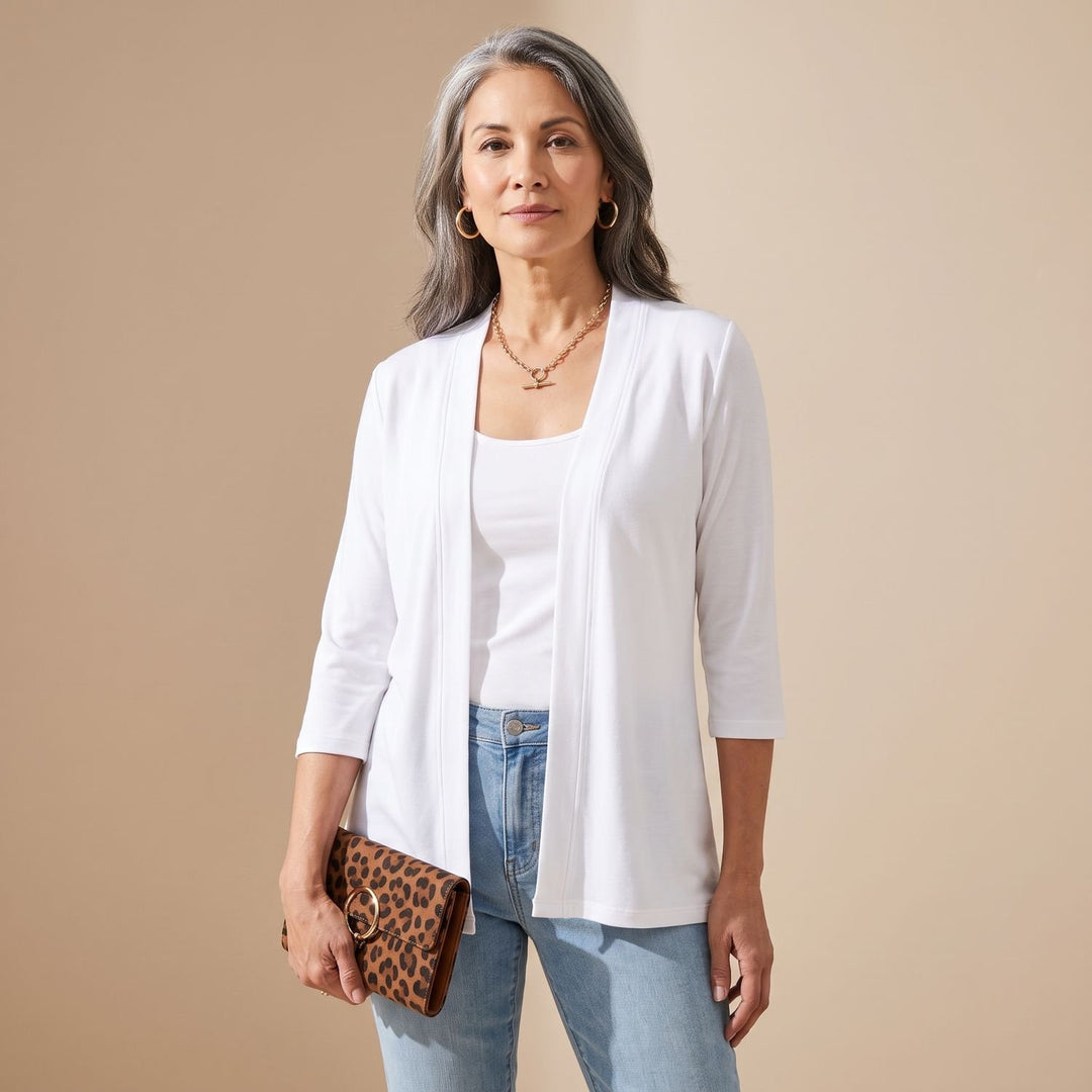 Women's Lightweight Open-Front 3/4 Sleeve Cardigan - White