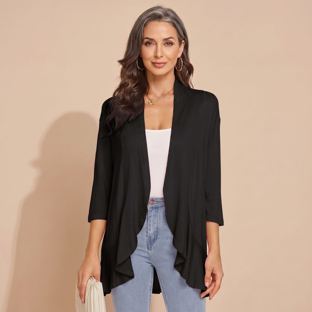 Women's Lightweight Open-Front 3/4 Sleeve Cardigan - Black