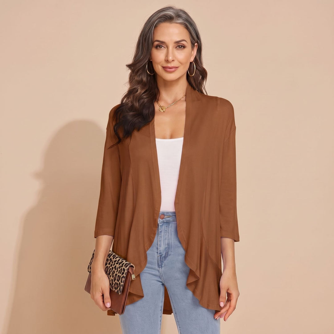 Women's Lightweight Open-Front 3/4 Sleeve Cardigan - Brown