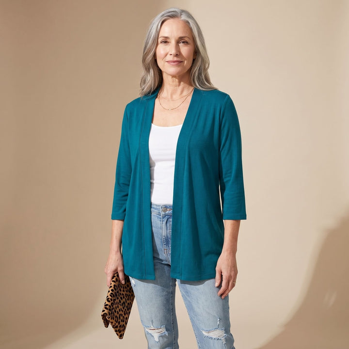 Women's Lightweight Open-Front 3/4 Sleeve Cardigan - Green