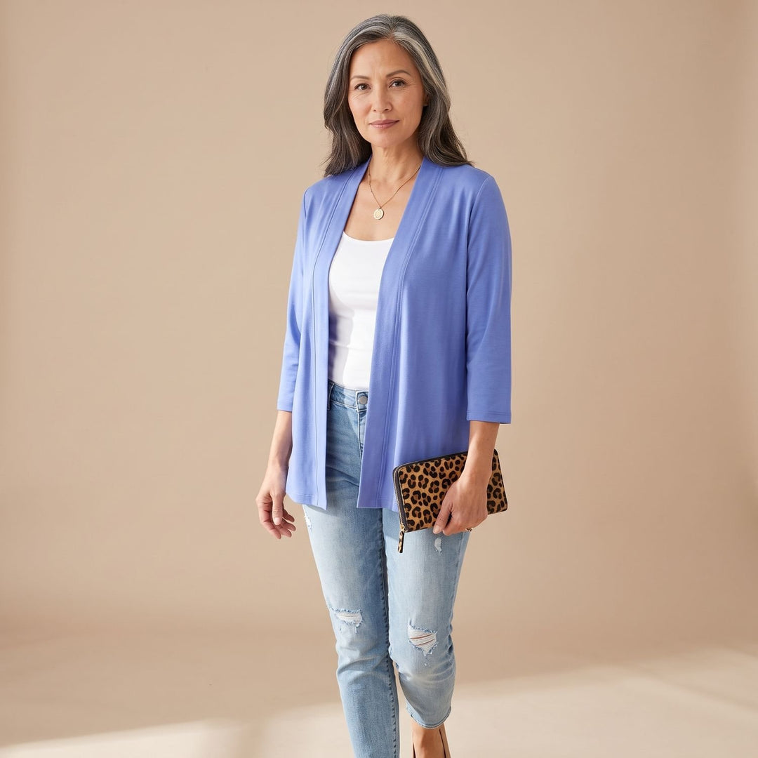 Women's Lightweight Open-Front 3/4 Sleeve Cardigan - Light Blue