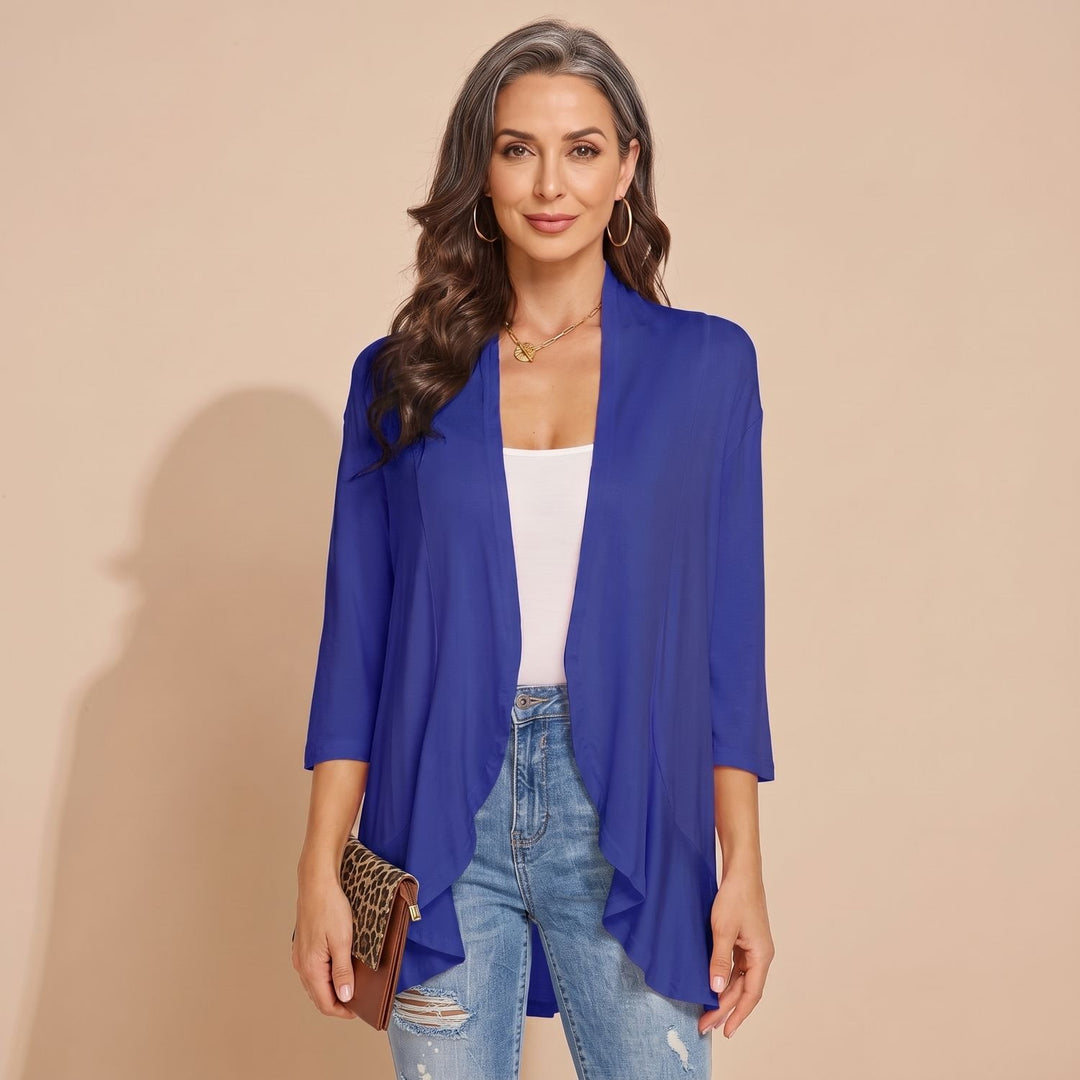 Women's Lightweight Open-Front 3/4 Sleeve Cardigan - Blue