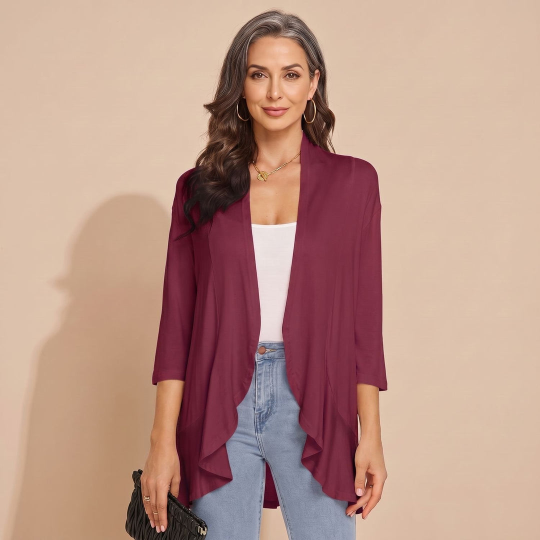 Women's Lightweight Open-Front 3/4 Sleeve Cardigan - Burgundy