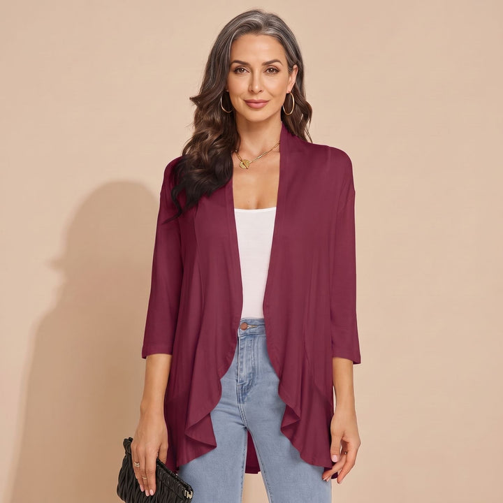 Women's Lightweight Open-Front 3/4 Sleeve Cardigan - Burgundy