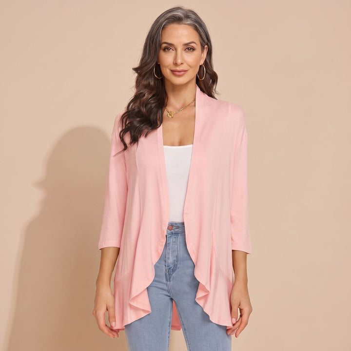 Women's Lightweight Open-Front 3/4 Sleeve Cardigan - Pink