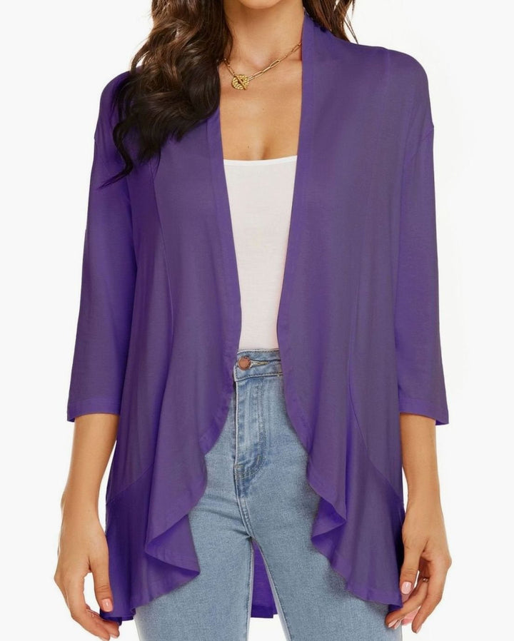 Women's Lightweight Open-Front 3/4 Sleeve Draped Cardigan - Purple