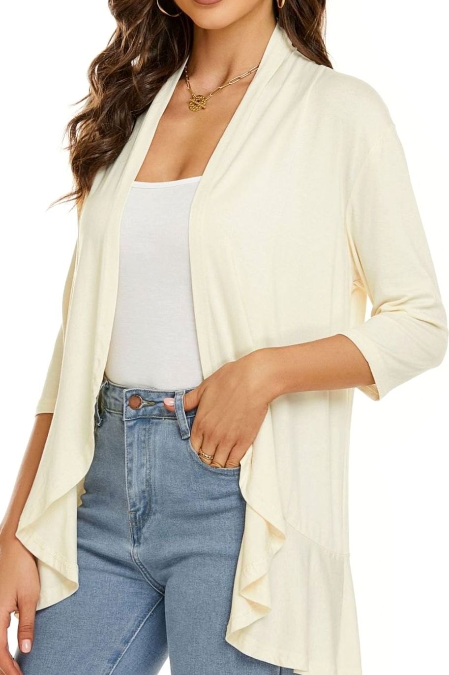 Women's Lightweight Open-Front 3/4 Sleeve Draped Cardigan - White Beige