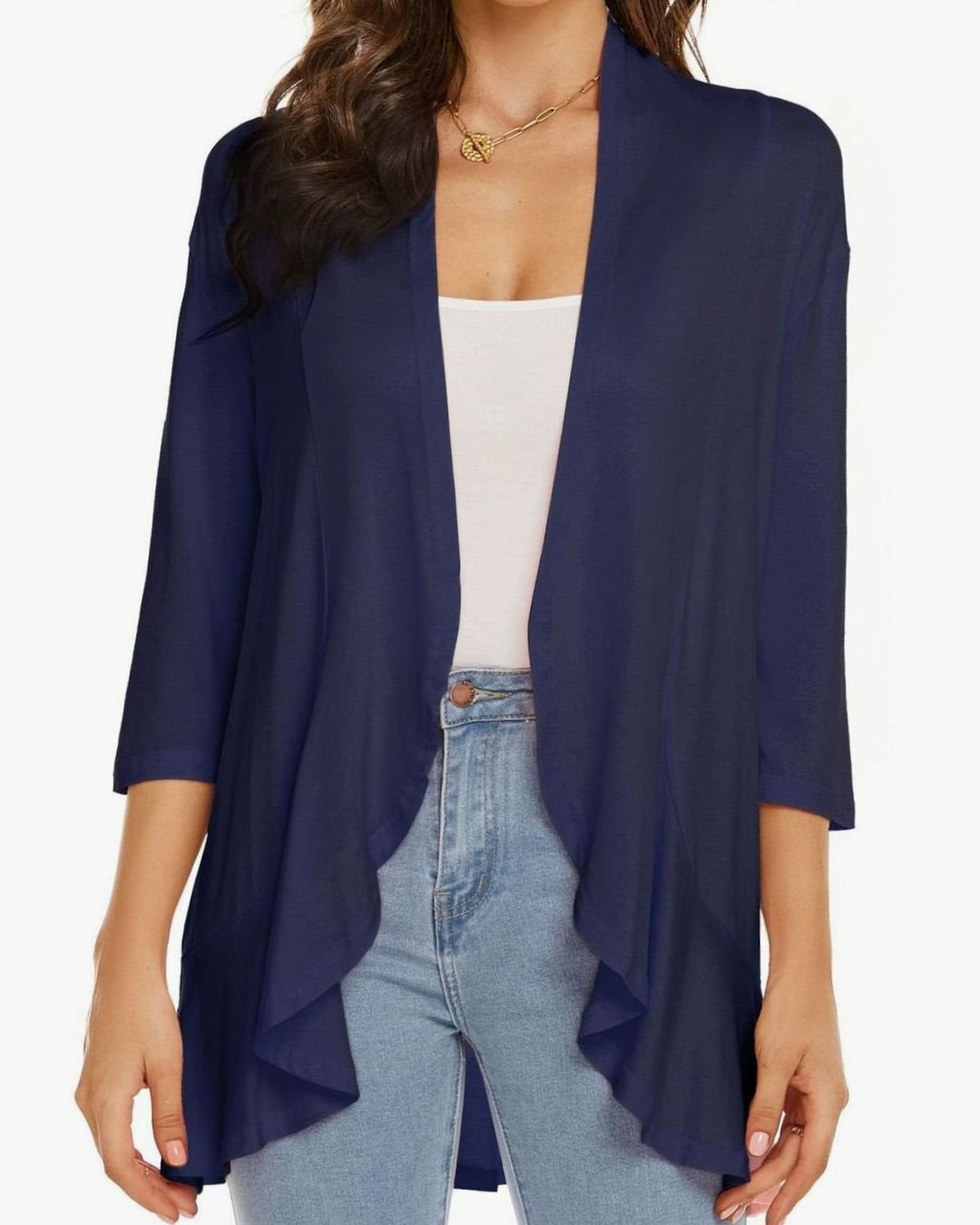 Women's Lightweight Open-Front 3/4 Sleeve Draped Cardigan - Navy