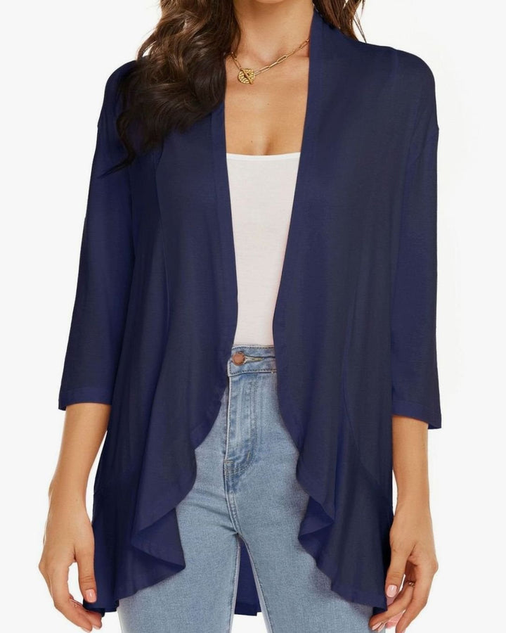 Women's Lightweight Open-Front 3/4 Sleeve Draped Cardigan - Navy