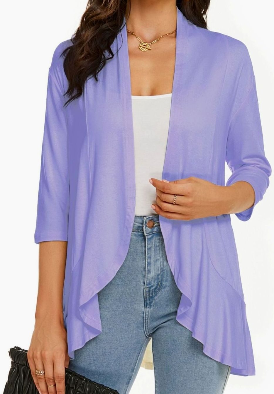 Women's Lightweight Open-Front 3/4 Sleeve Draped Cardigan - Light Purple