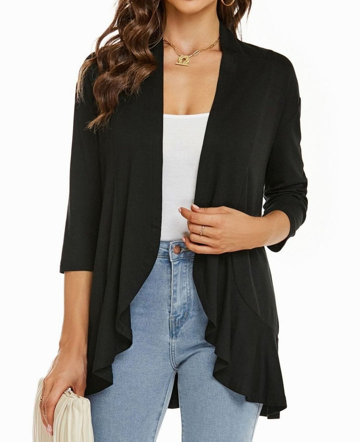 Women's Lightweight Open-Front 3/4 Sleeve Draped Cardigan - Black