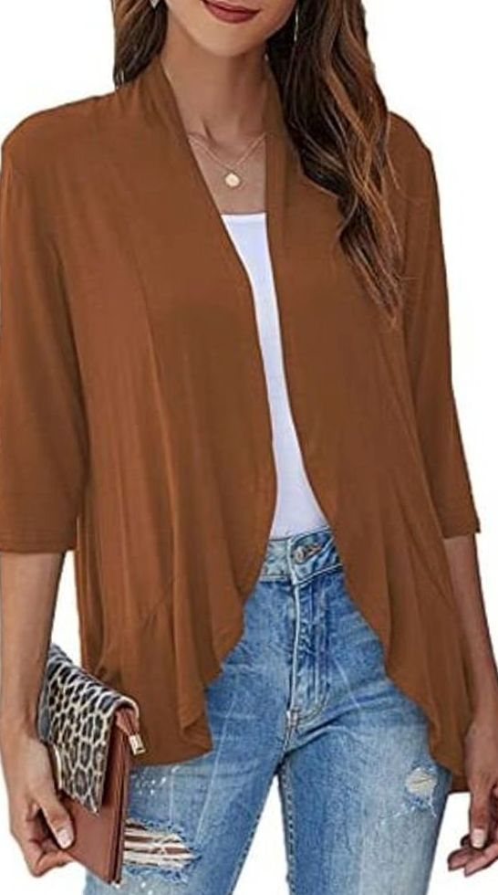 Women's Lightweight Open-Front 3/4 Sleeve Draped Cardigan - Brown