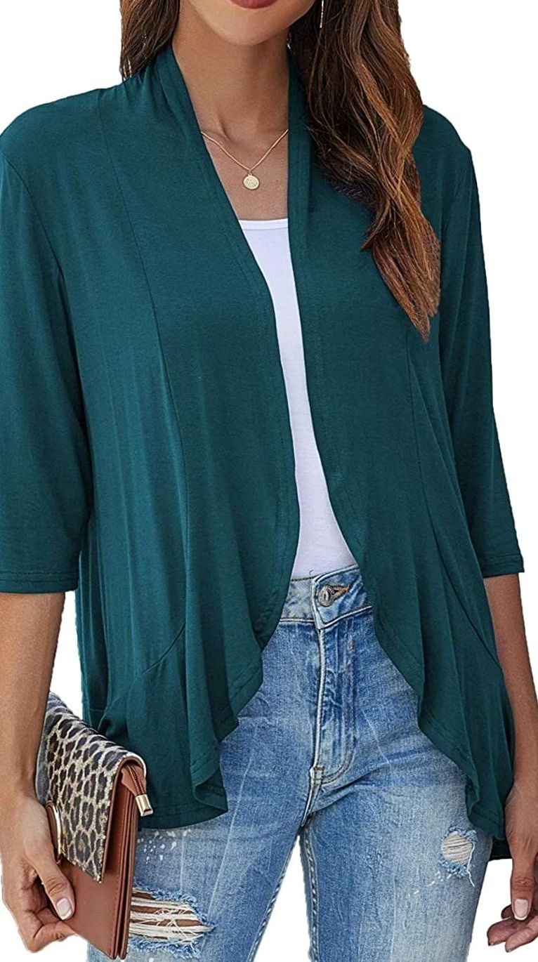 Women's Lightweight Open-Front 3/4 Sleeve Draped Cardigan - Green