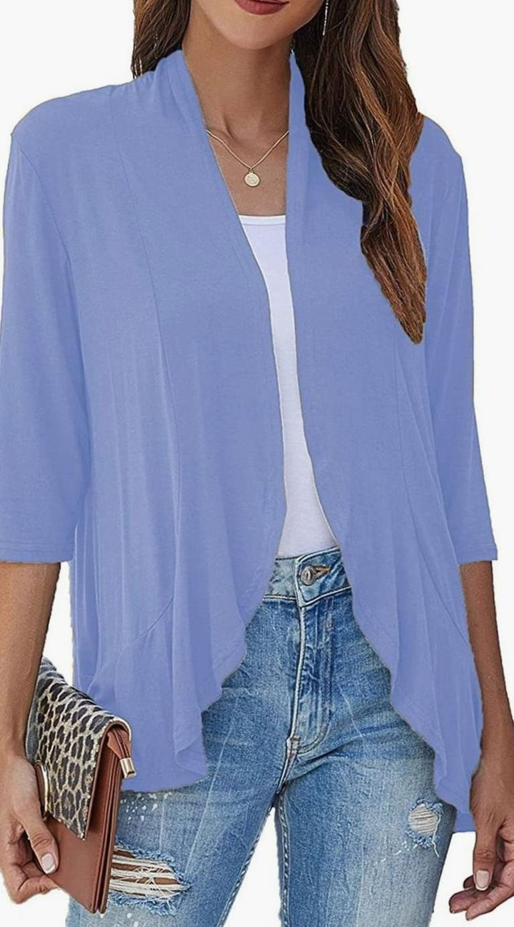 Women's Lightweight Open-Front 3/4 Sleeve Draped Cardigan - Light Blue