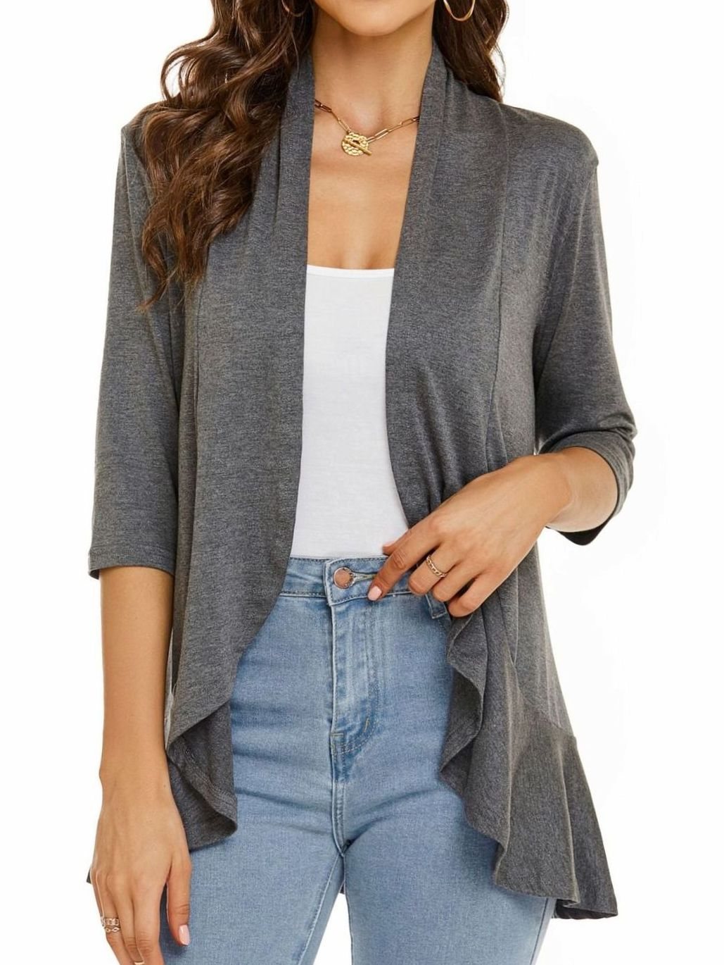 Women's Lightweight Open-Front 3/4 Sleeve Draped Cardigan - Grey