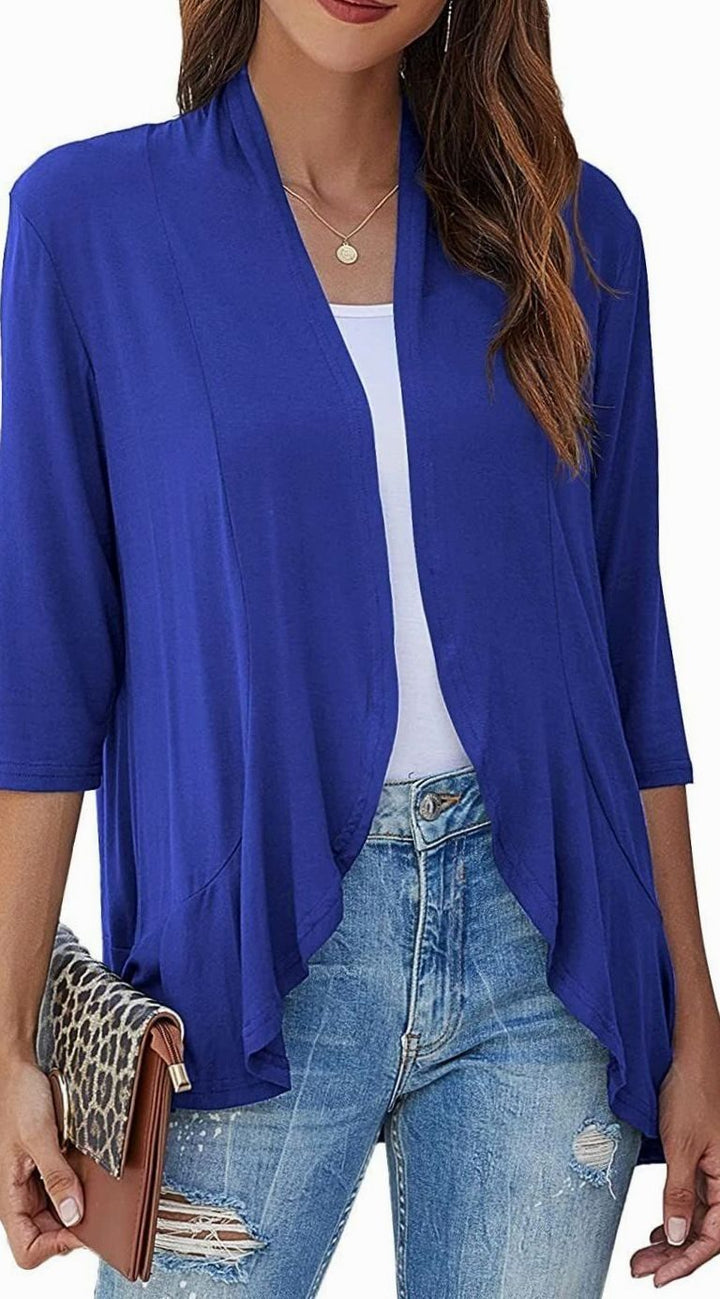 Women's Lightweight Open-Front 3/4 Sleeve Draped Cardigan - Blue