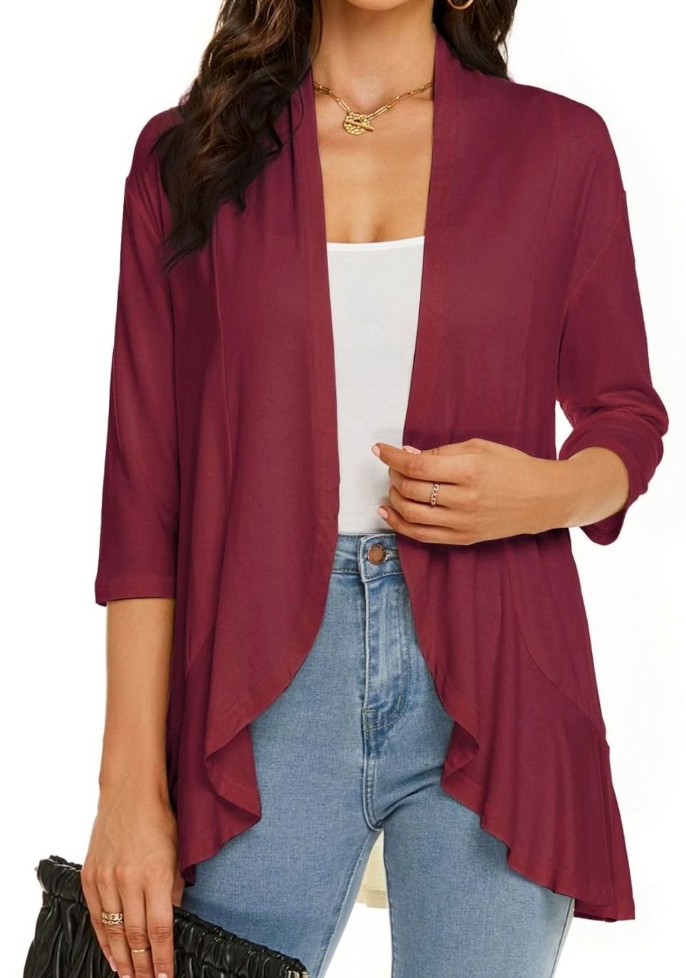 Women's Lightweight Open-Front 3/4 Sleeve Draped Cardigan - Burgundy