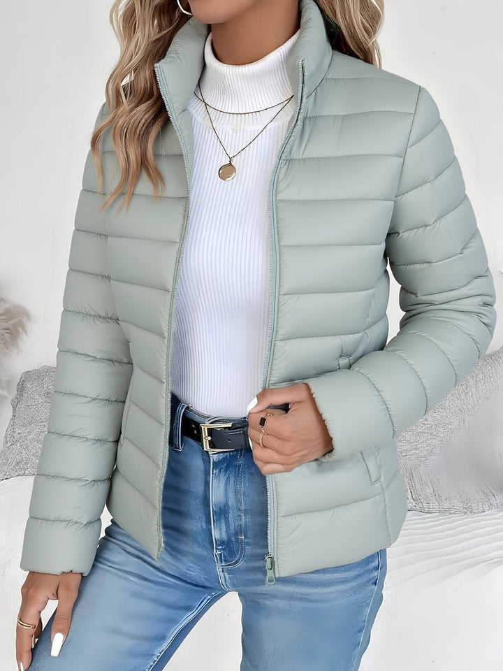 Women's Lightweight Quilted Puffer Coat Stand Collar Zip-Up Jacket - Sage Green