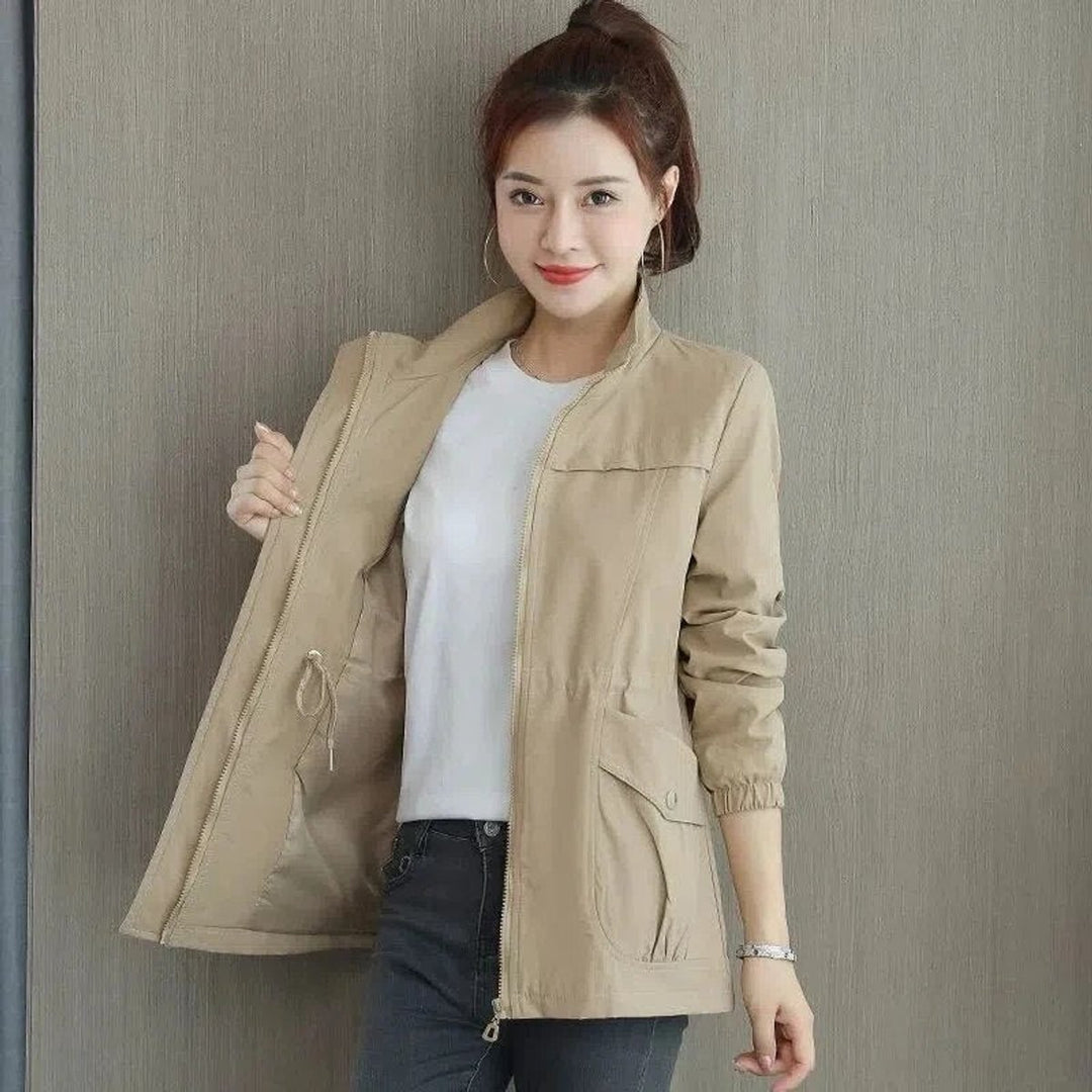 Women's Lightweight Zip-Up Short Bomber Jacket Drawstring Waist - Khaki
