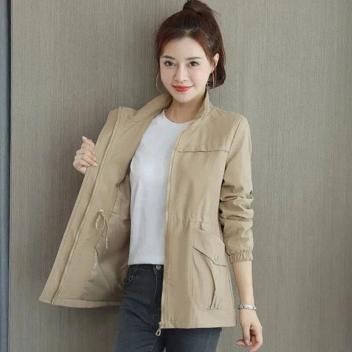 Women's Lightweight Zip-Up Short Bomber Jacket Drawstring Waist - Khaki