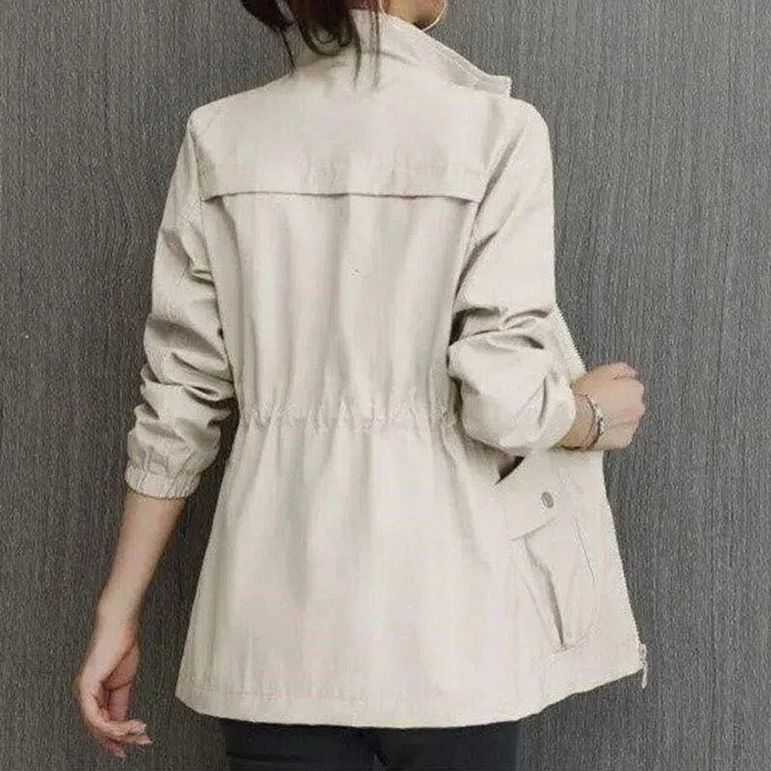 Women's Lightweight Zip-Up Short Bomber Jacket Drawstring Waist - Beige