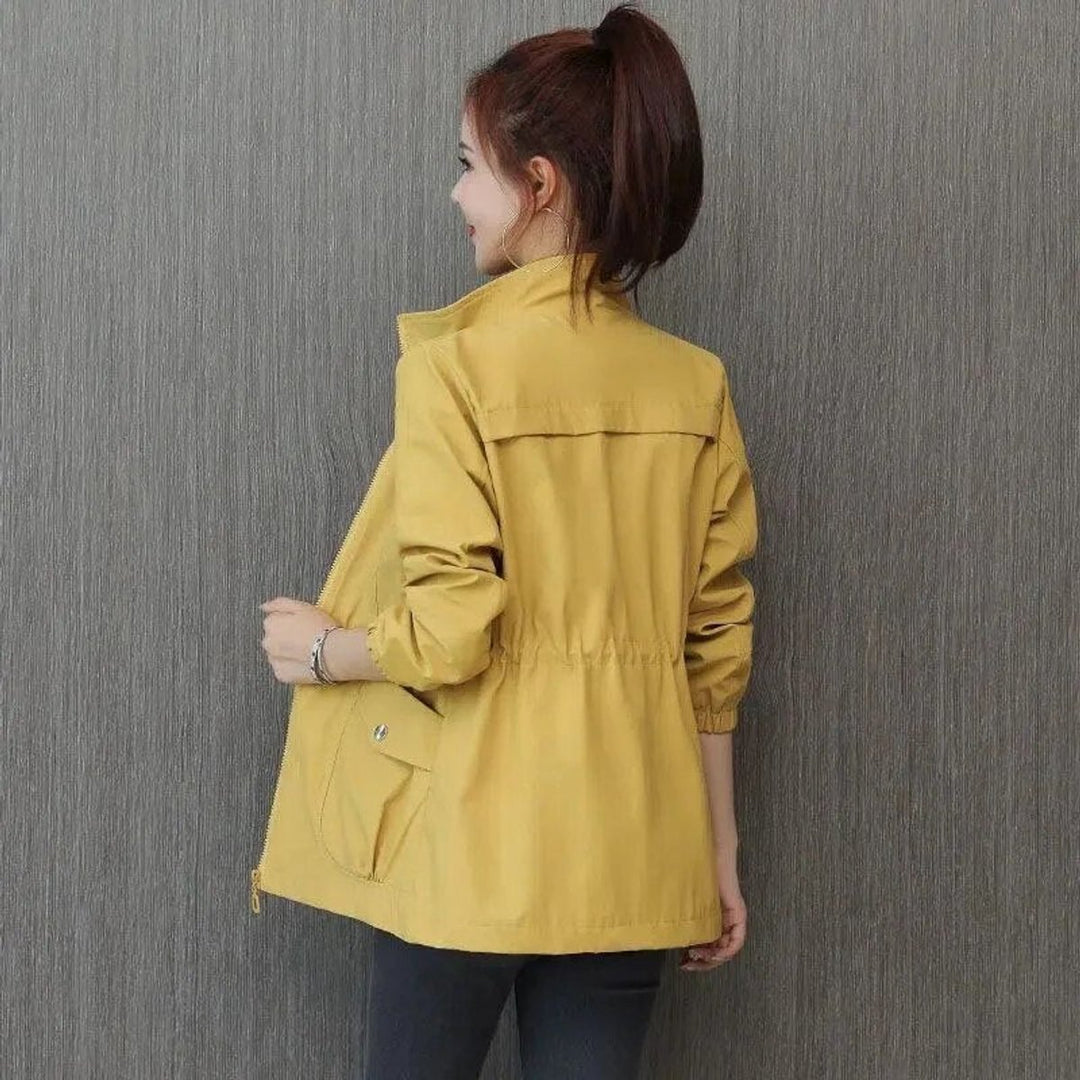 Women's Lightweight Zip-Up Short Bomber Jacket Drawstring Waist - Yellow