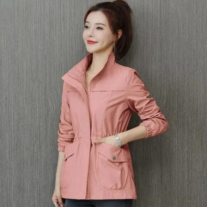 Women's Lightweight Zip-Up Short Bomber Jacket Drawstring Waist - Pink