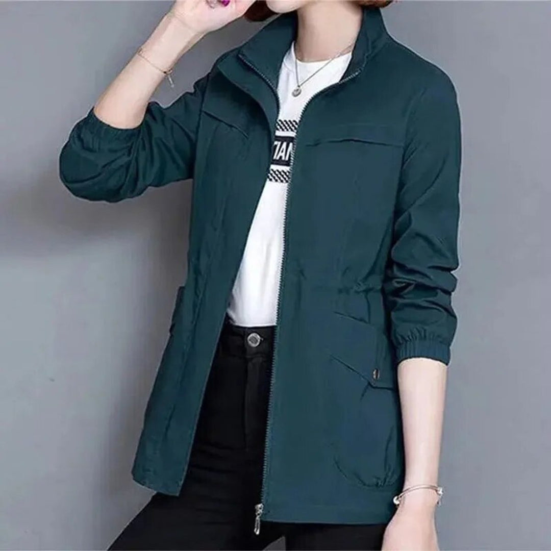 Women's Lightweight Zip-Up Short Bomber Jacket Drawstring Waist - Blue