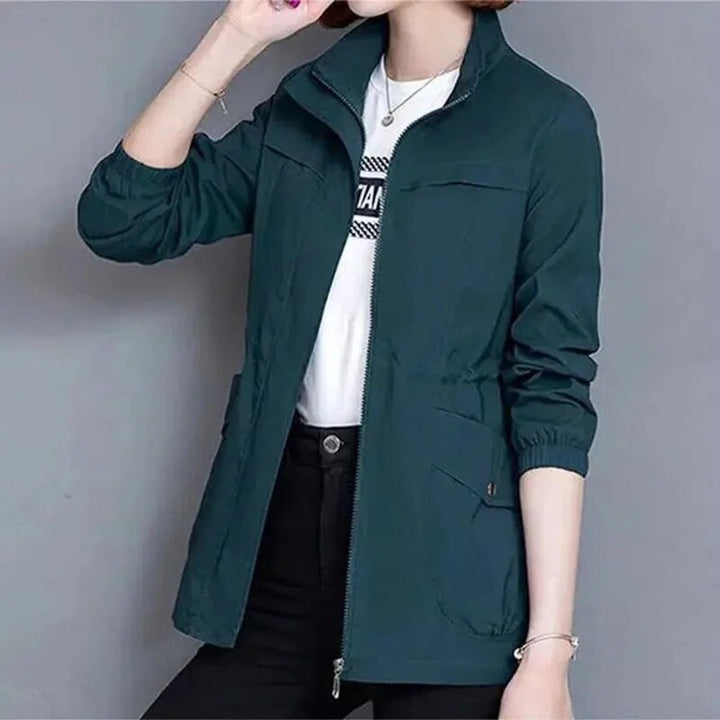 Women's Lightweight Zip-Up Short Bomber Jacket Drawstring Waist - Blue
