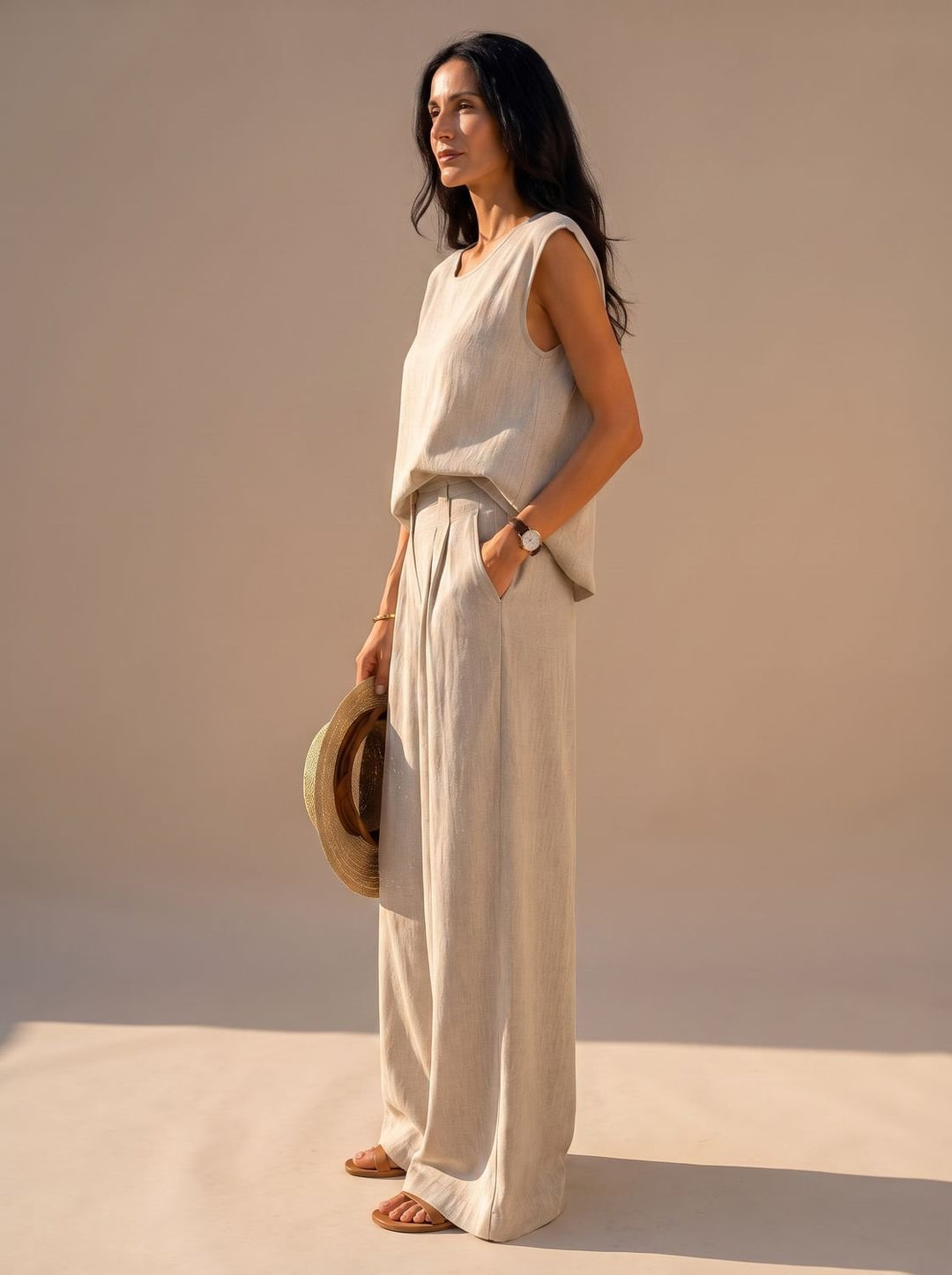 Women's Linen-Blend Wide-Leg Pants Sleeveless Top Two-Piece Set