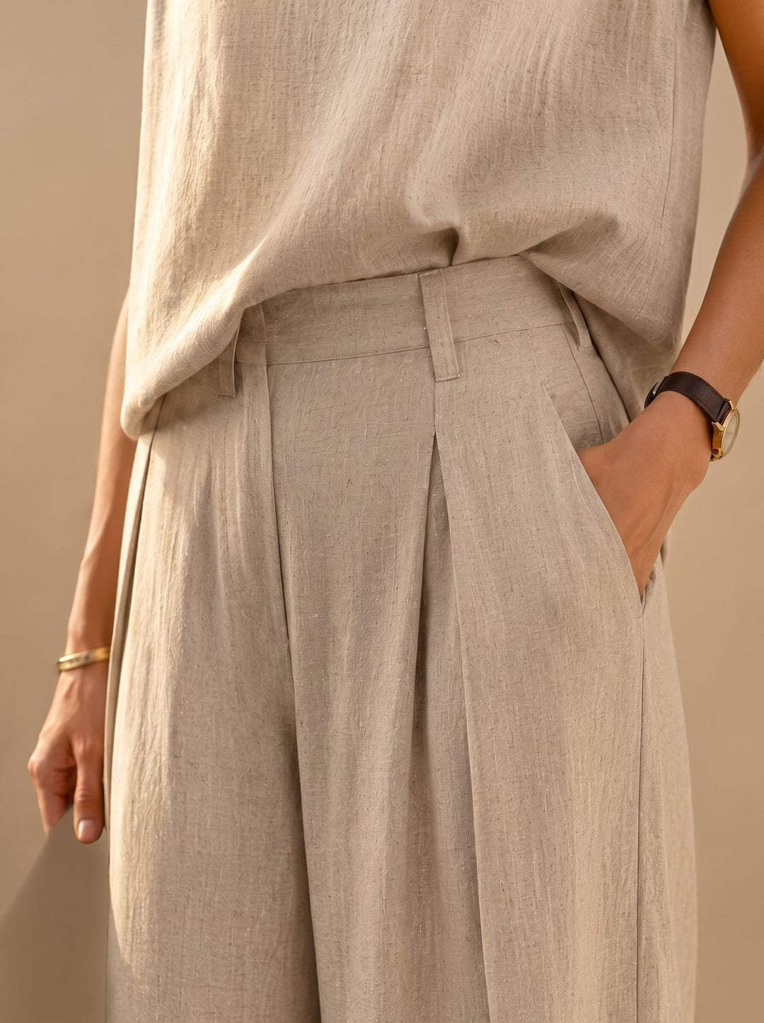 Women's Linen-Blend Wide-Leg Pants Sleeveless Top Two-Piece Set
