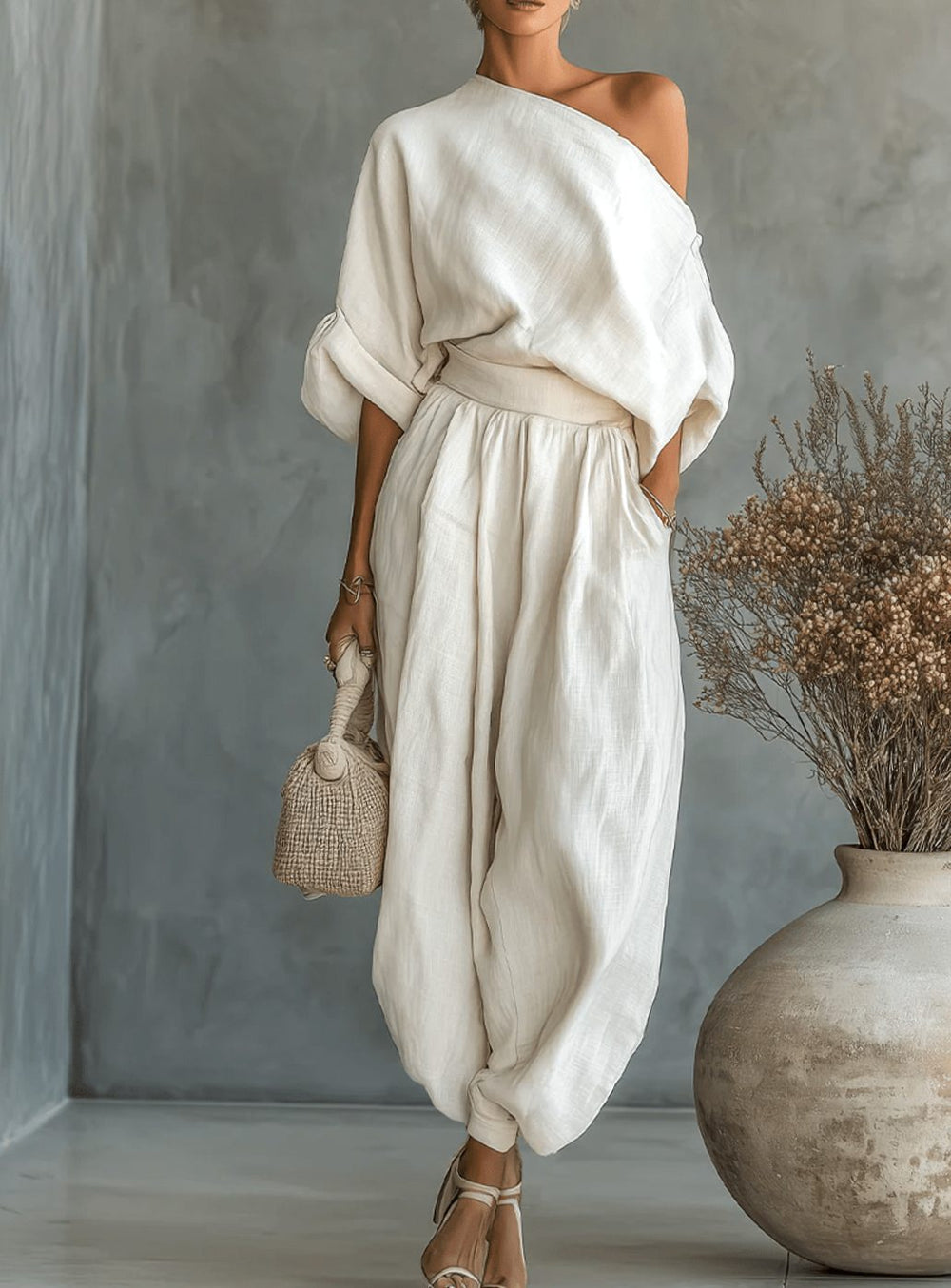 Women's Linen-Look Off-Shoulder Two Piece Set - Off-White