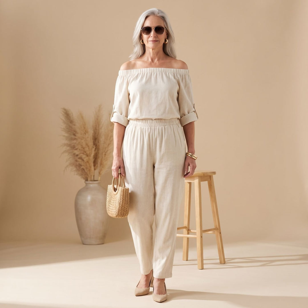 Women's Linen-Look Off-Shoulder Two Piece Set