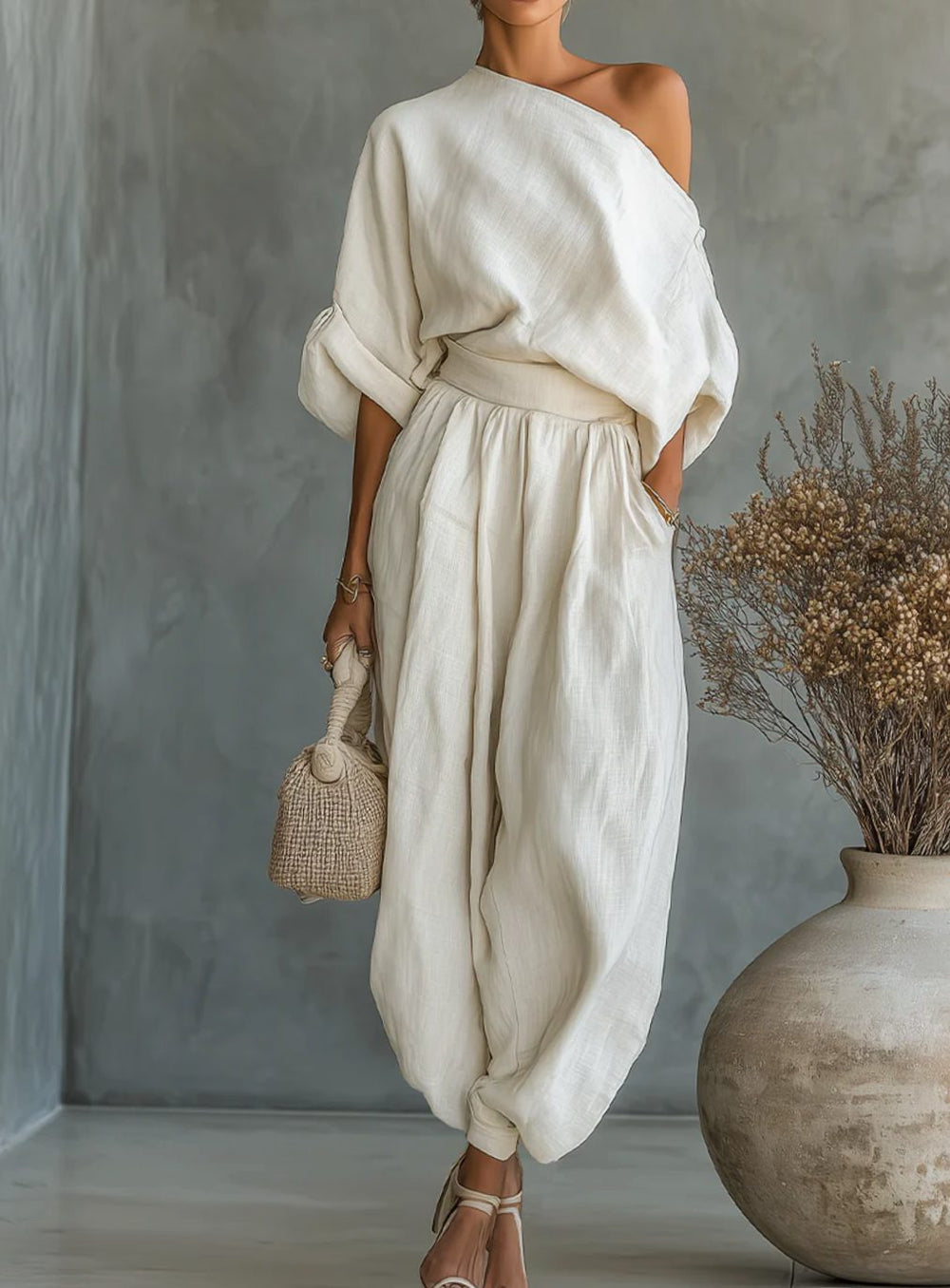 Women's Linen-Look One-Shoulder Wide-Leg Two Piece Set
