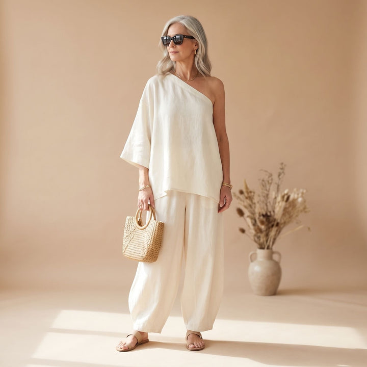 Women's Linen-Look One-Shoulder Wide-Leg Two Piece Set