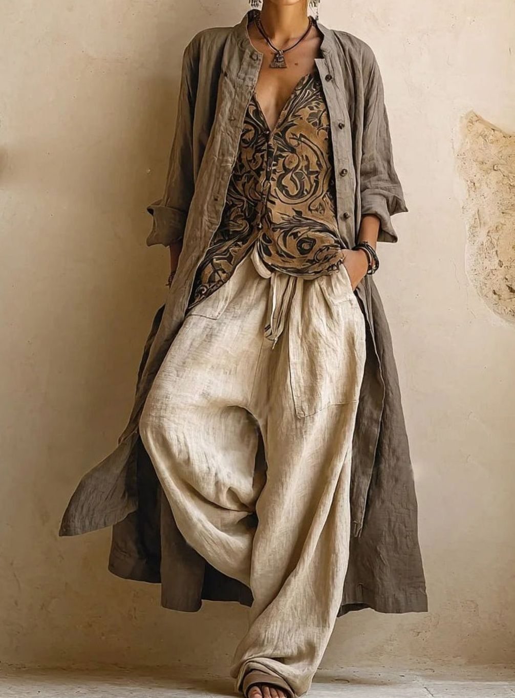 Women's Linen-Look Three-Piece Wide-Leg Drawstring Pants Set - Natural