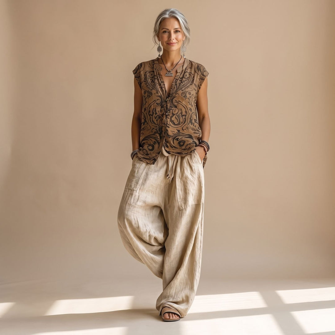 Women's Linen-Look Three-Piece Wide-Leg Drawstring Pants Set