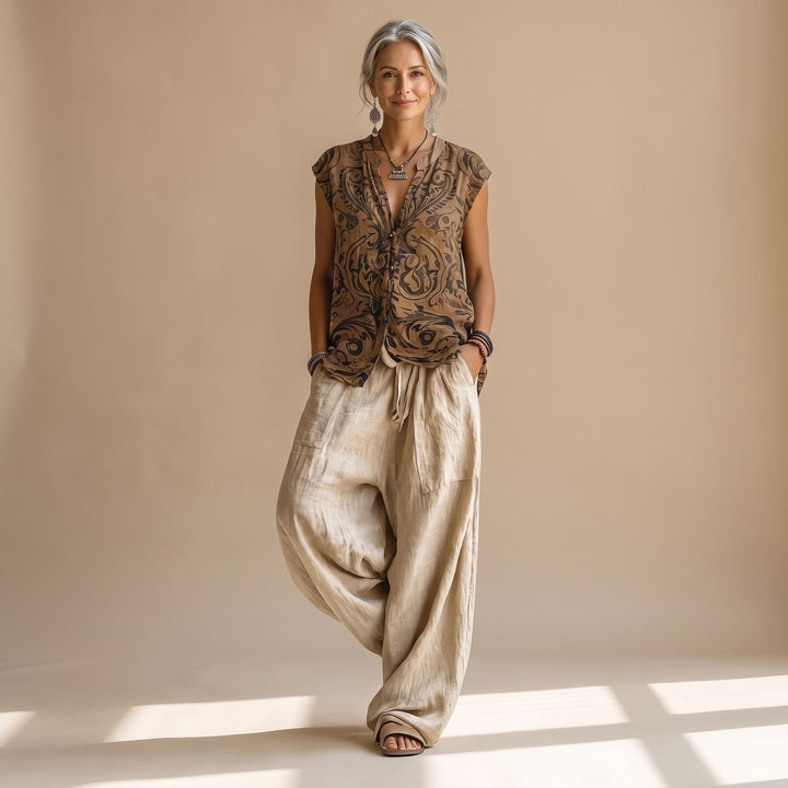 Women's Linen-Look Three-Piece Wide-Leg Drawstring Pants Set