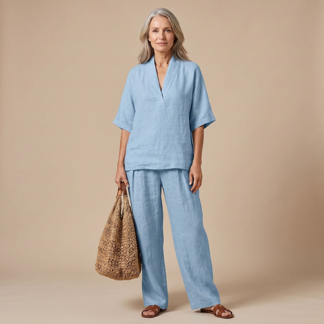 Women's Linen V-Neck Two Piece Set Wide-Leg Pants Outfit - Blue
